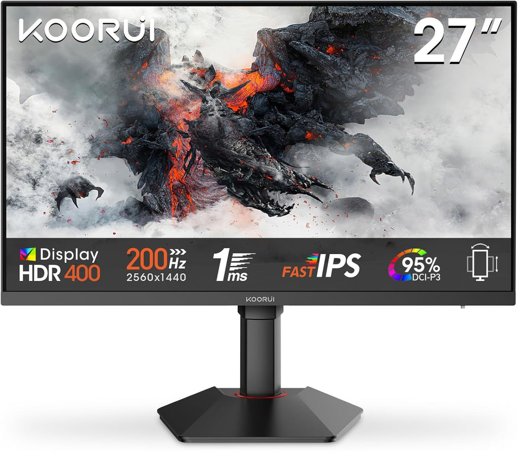 Monitor gaming KOORUI G2722P de 27 pulgadas, 200Hz, Fast IPS, QHD 1440p, 1ms, HDR 400, Adaptive Sync, VESA 75x75mm, HDMI 2.0/DP1.4, ajuste de altura
