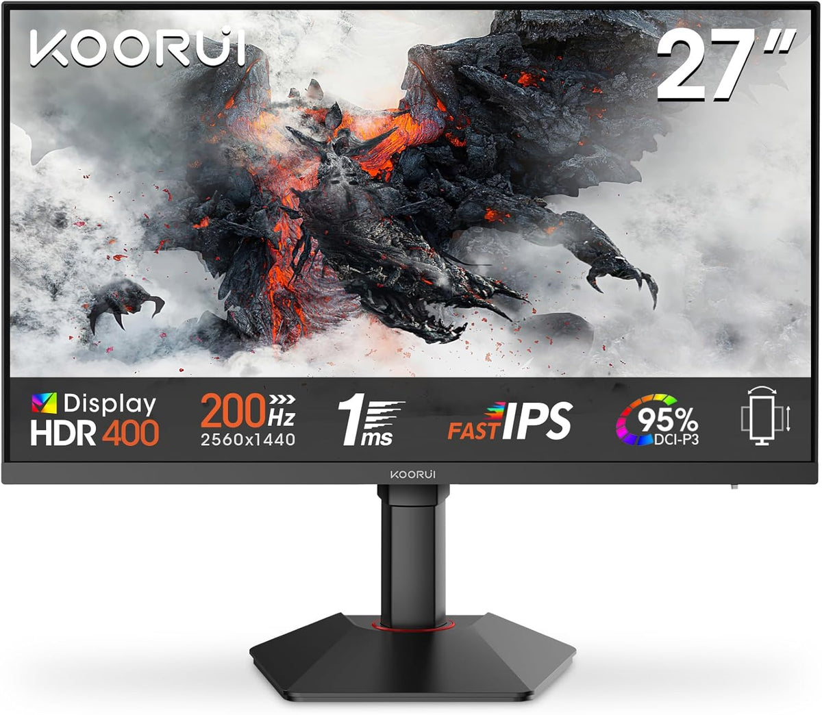 Monitor gaming KOORUI G2722P de 27 pulgadas, 200Hz, Fast IPS, QHD 1440p, 1ms, HDR 400, Adaptive Sync, VESA 75x75mm, HDMI 2.0/DP1.4, ajuste de altura