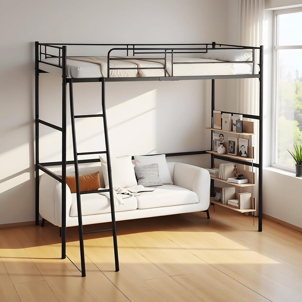 Cama alta de 90x200 cm, estructura de cama infantil, cama de metal, litera con barrera y escalera inclinada, para adultos, adolescentes y niños, negro