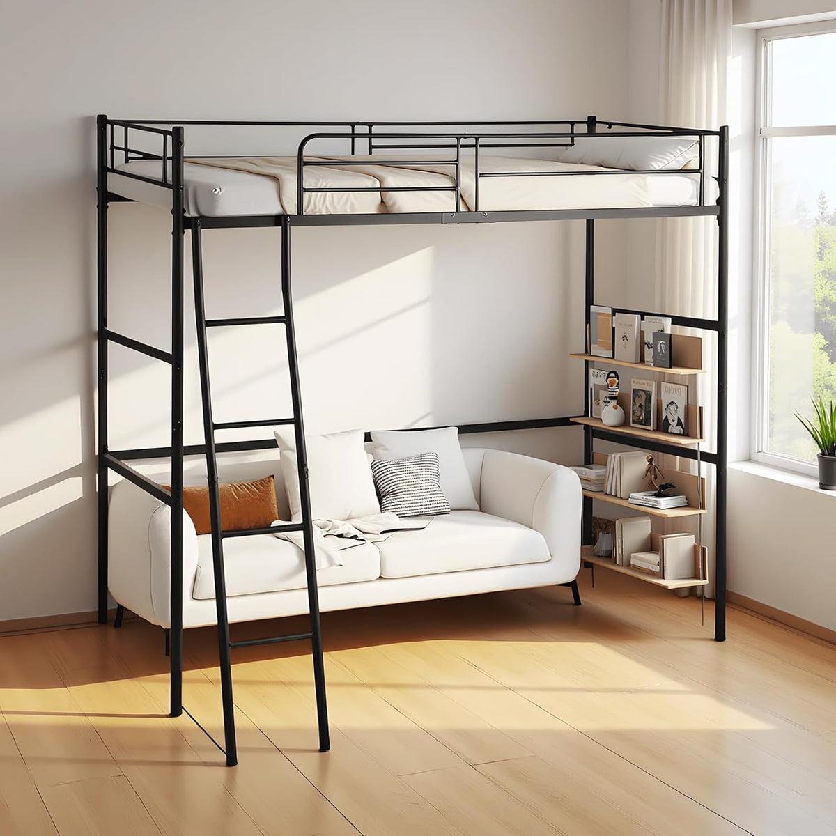 Cama alta de 90x200 cm, estructura de cama infantil, cama de metal, litera con barrera y escalera inclinada, para adultos, adolescentes y niños, negro