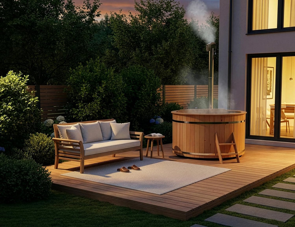 Tina de baño de madera Bergen, Hot Tub Ø 160 x 110 cm, incl. estufa de acero inoxidable de 22 kW y escalera de acceso, 3-4 personas, piscina, tina de baño, hidromasaje