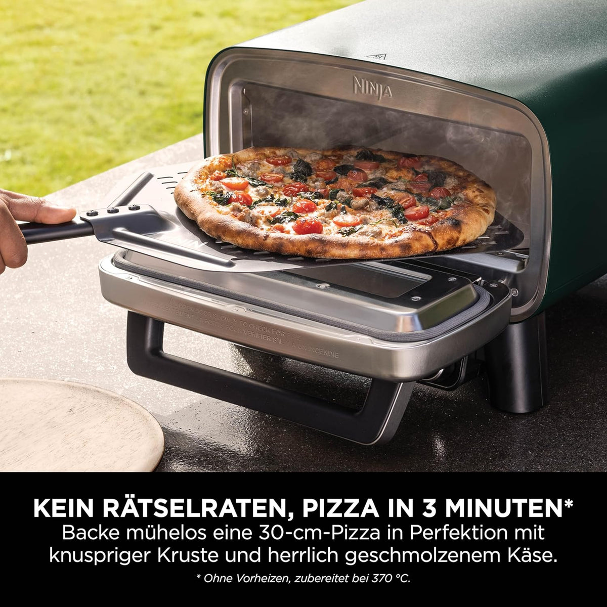 Horno de pizza para exteriores y freidora de aire Ninja Artisan, 4 funciones, tabla de servir, cortador de pizza, piedra para pizza de 30 cm, pala para pizza, bandeja para hornear y cesta para freidora de aire, verde MO201AMZEU