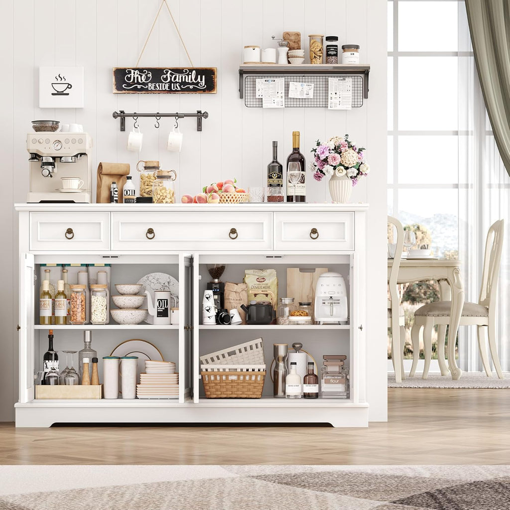 Aparador FirFurd, mueble de cocina con encimera, armario buffet para cocina y salón, mueble de salón con 3 cajones y 4 puertas, buffet de cocina con estante ajustable, 134x87x40 cm, blanco