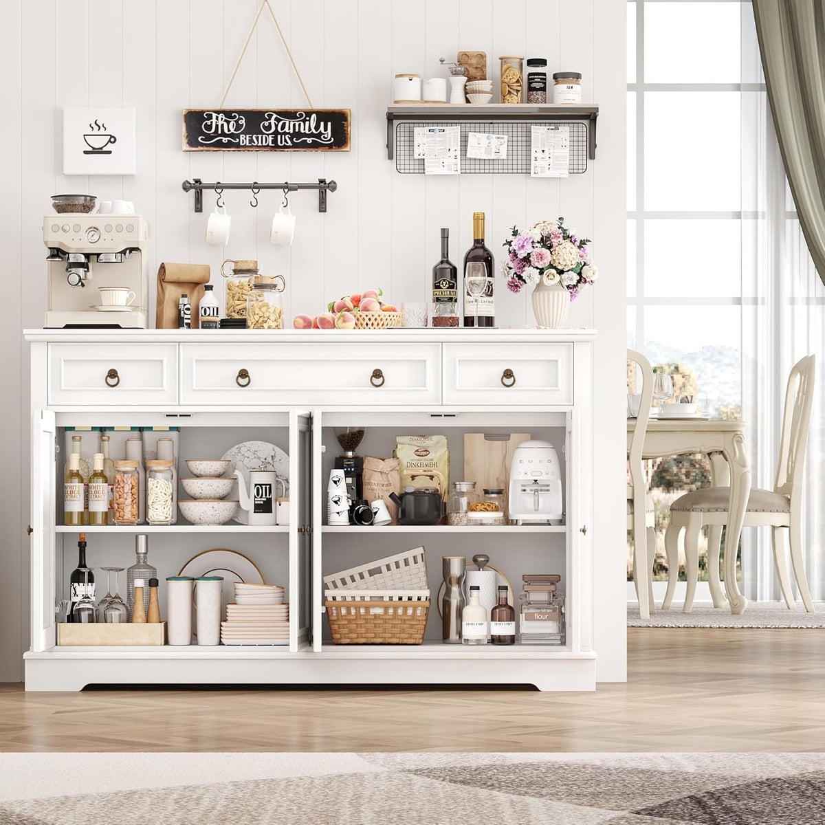 Aparador FirFurd, mueble de cocina con encimera, armario buffet para cocina y salón, mueble de salón con 3 cajones y 4 puertas, buffet de cocina con estante ajustable, 134x87x40 cm, blanco