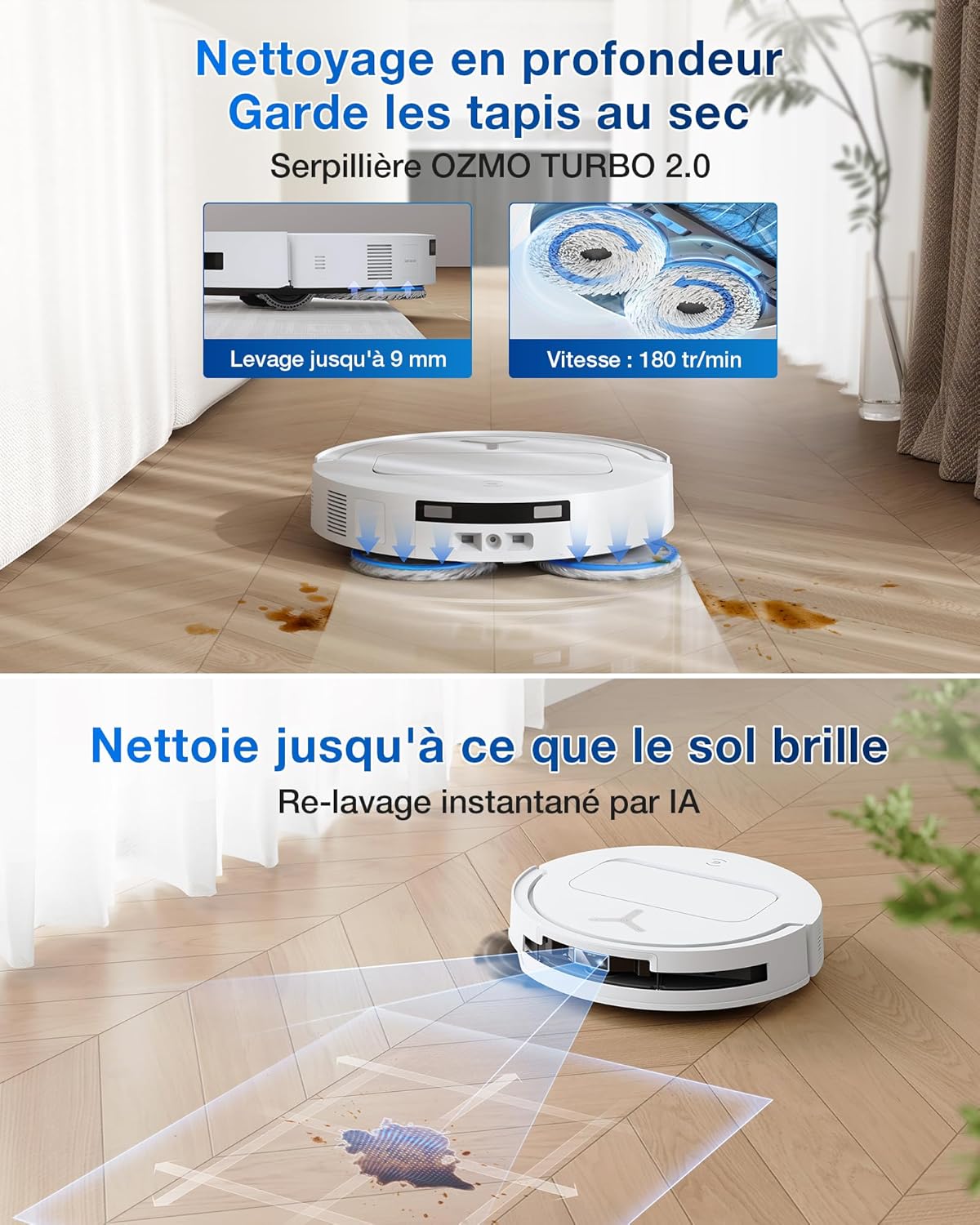 Robot aspirador ECOVACS T50 Pro Omni, 15000Pa mejorado respecto al T30 Pro Omni, cepillo lateral y mopa extensibles, adición automática de solución de limpieza, lavado con agua caliente a 75℃, blanco