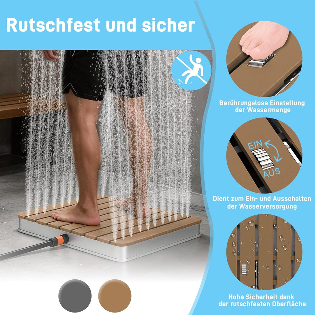 Ducha de jardín UISEBRT, ducha exterior de WPC y aluminio - Ducha de suelo móvil, ducha solar, ducha de camping - Altura de fuente ajustable hasta 4 m - Para piscina, jardín, terraza (cuadrada - marrón)