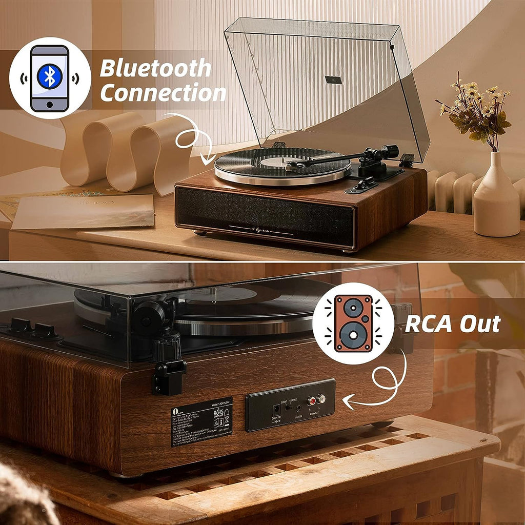 1byone MM Tocadiscos con altavoces, 33/45 RPM, Bluetooth, transmisión por correa, parada automática, preamplificador phono