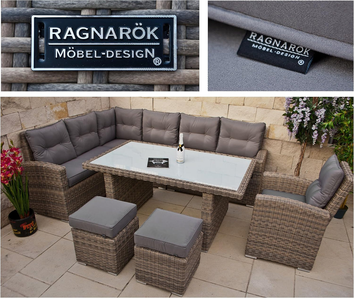 Ragnarök-Möbeldesign - Muebles de comedor altos - Fabricantes ALEMANES - 8 años de GARANTÍA - Producción PROPIA - Conjunto de comedor de jardín de ratán sintético, sillones, ratán redondo color natural, gris