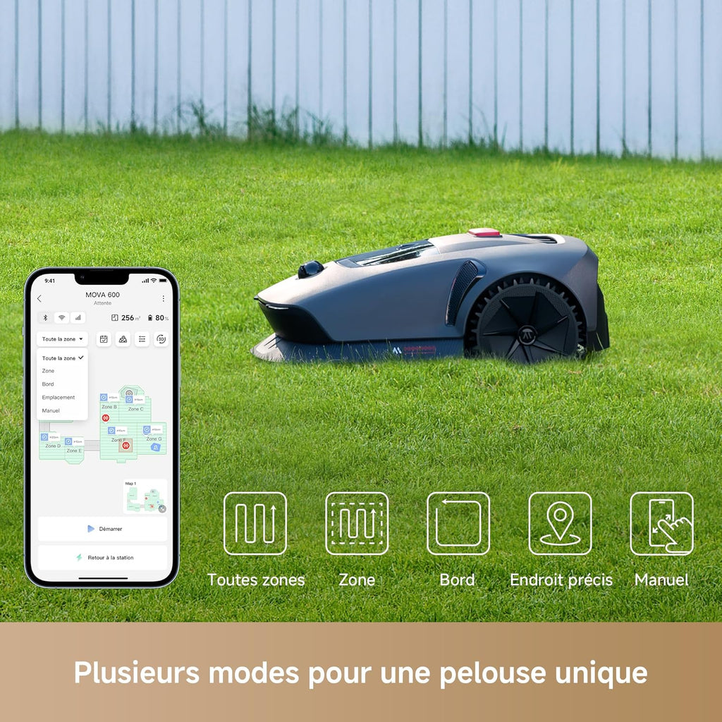 Robot cortacésped inalámbrico MOVA 600, cartografía LiDAR 3D de 360° hasta 600 m², evitación inteligente de obstáculos. Control por aplicación, corte en U, silencioso, alertas de seguridad.