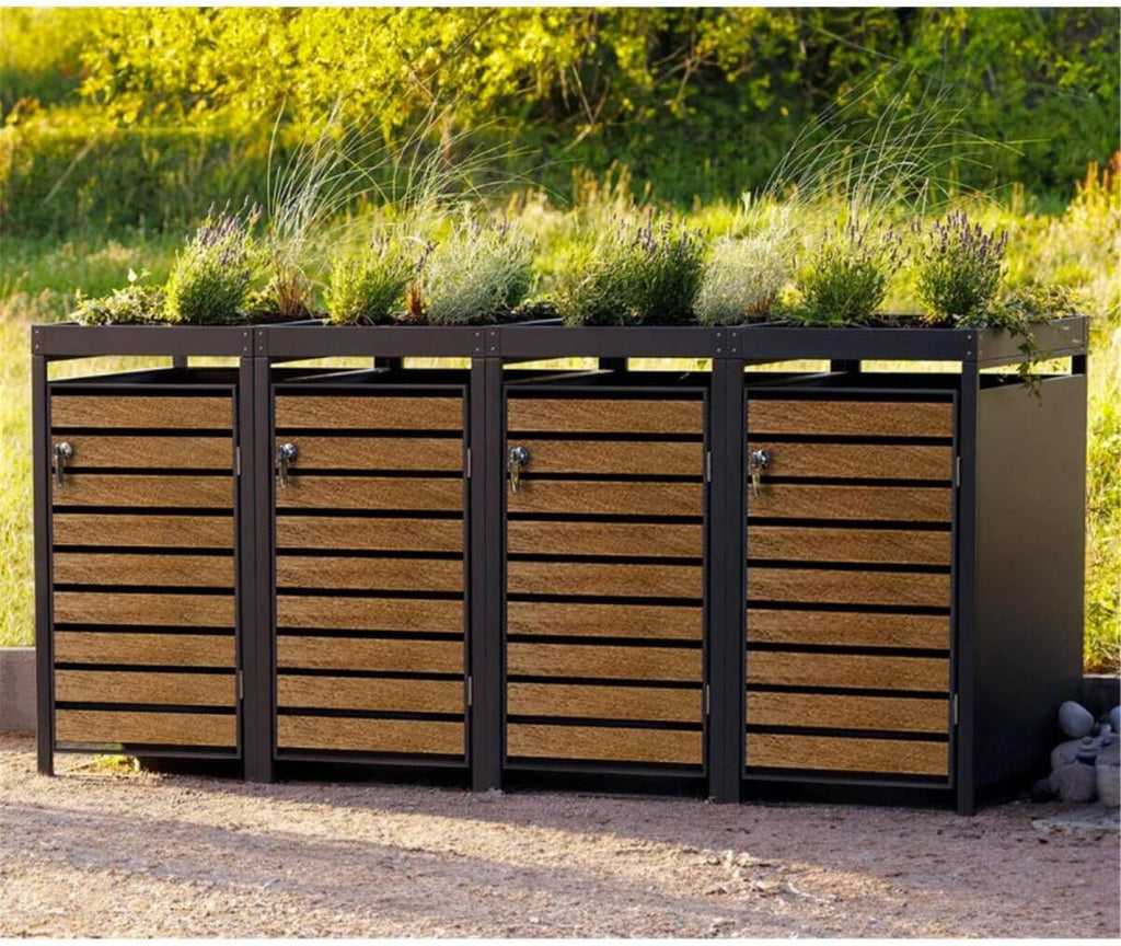 Cubrecontenedores Metzler para 4 cubos de 240L en antracita y efecto madera con techo ajardinado y franjas decorativas, cerramiento para 4 cubos con tapa automática, caseta para basura de acero inoxidable con recubrimiento en polvo, con cerradura