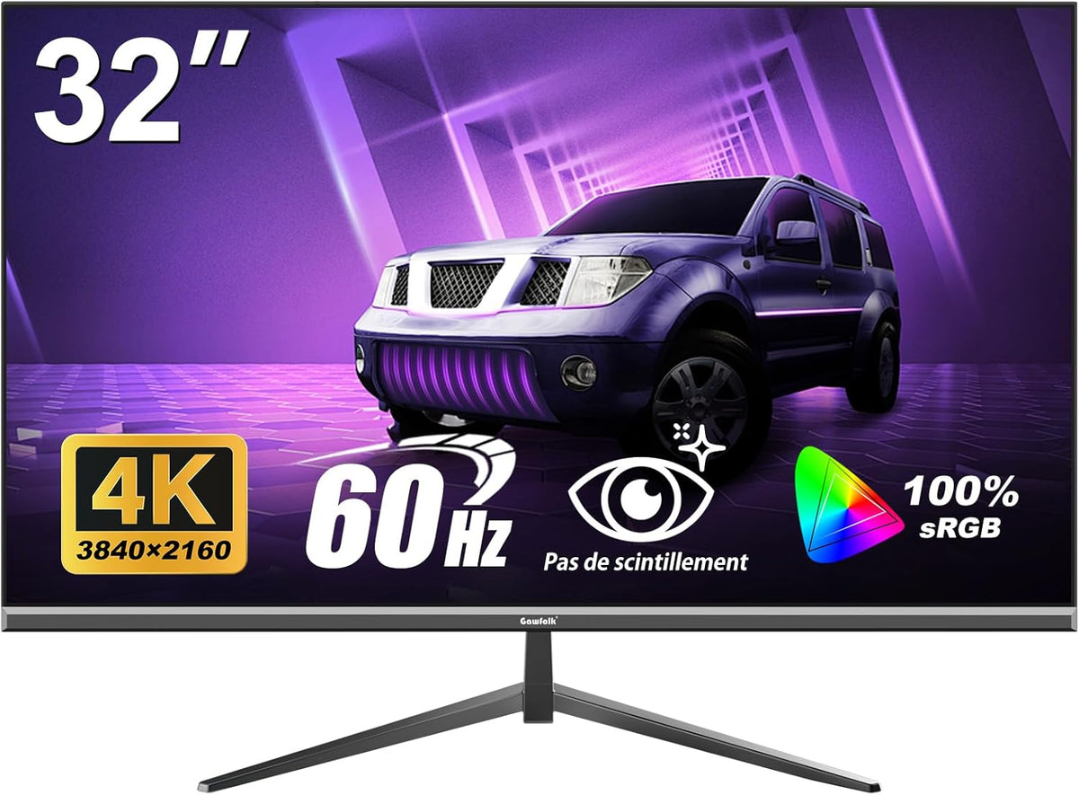 Gawfolk Monitor de PC de 32 pulgadas 4K UHD, monitor de computadora ultraclaro (3840×2160p), 100% sRGB, ángulo de visión de 178°, HDMI, Display Port, compatible con montaje en pared de 100 × 100 mm - Negro