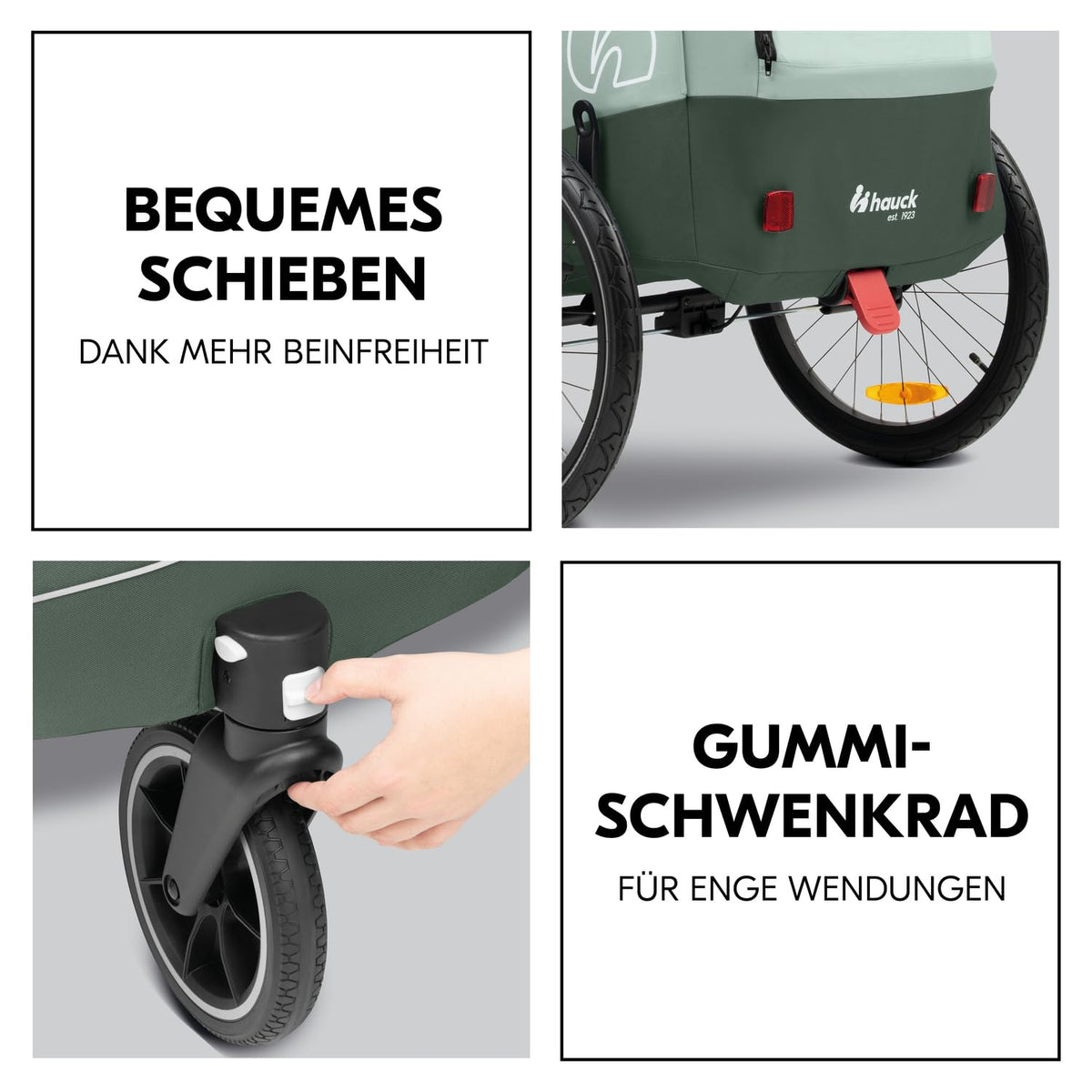 hauck Remolque de bicicleta y cochecito Dryk Duo Plus con suspensión, para 2 niños (6-48 meses), incluye barra de tiro, rueda de cochecito, bandera y luz LED, plegable, altura ajustable, maletero XL (verde oscuro)