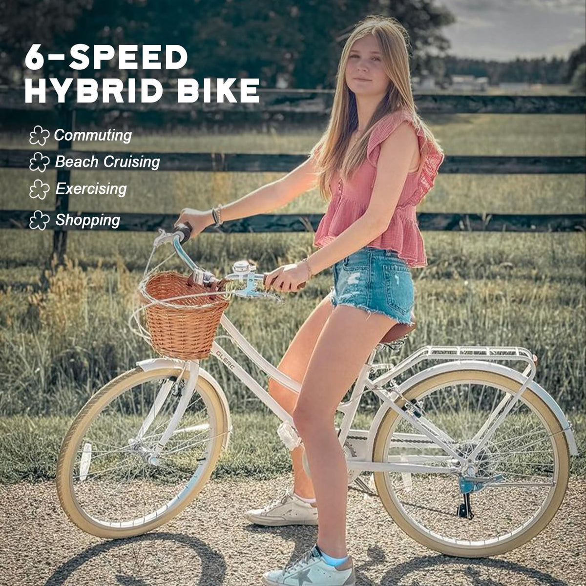 Glerc Missy 20, 24, 26 pulgadas bicicleta híbrida urbana tipo crucero para niñas, de 6 velocidades, con cesta de mimbre, para jóvenes mayores de 6 años, varios colores