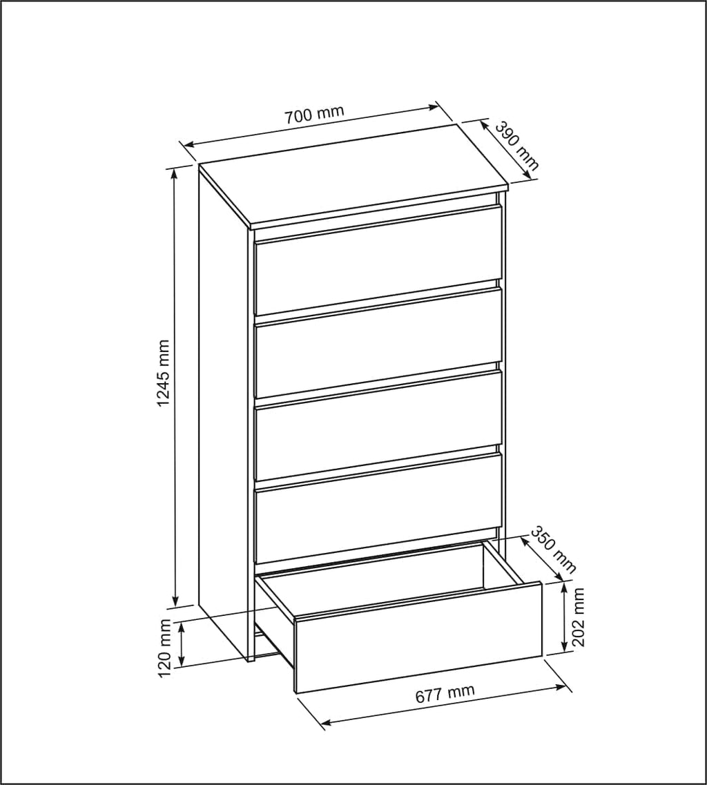 Meble Masztalerz Cómoda con frentes en blanco brillante y 5 cajones de 70 cm, aparador para salón y dormitorio, Al.: 124,5 cm, An.: 70 cm, Pr.: 39 cm - Cómoda con cajones - Cajonera