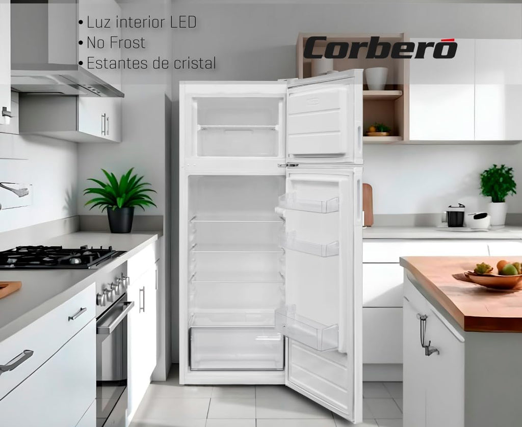 Corberó - Frigorífico 2 Puertas | CF2PV21324W | 57x54x145 | Capacidad 212L | Luz interior, cajón para verduras, estantes ajustables, descongelación manual, estantes de cristal, huevera, cubiteras | Blanco