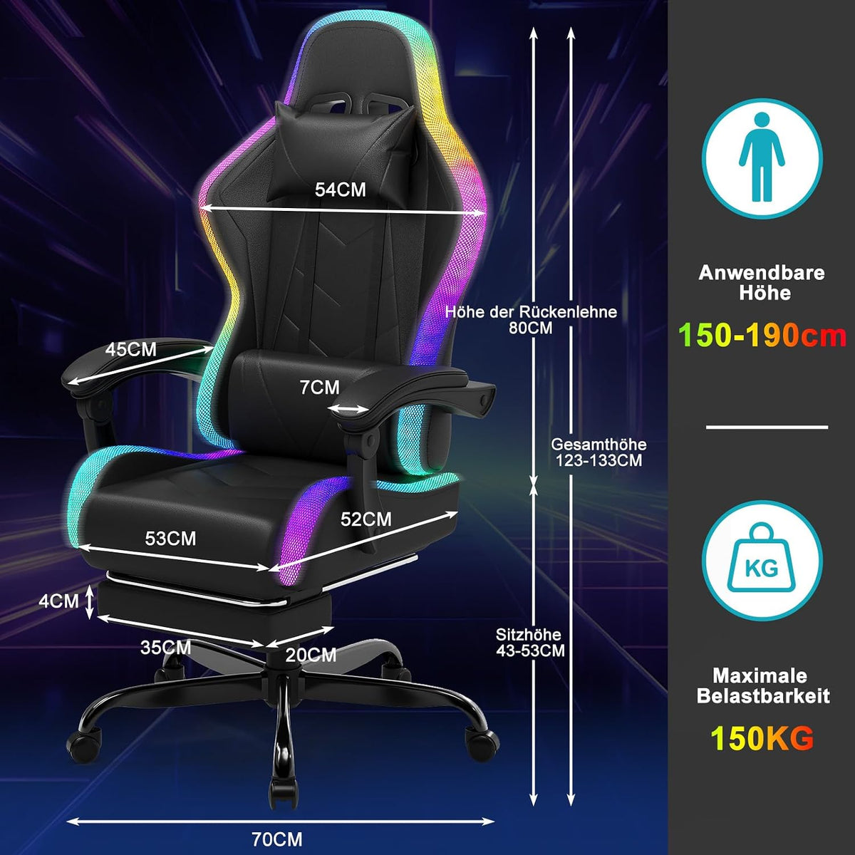 Silla gaming LED Devoko – Silla de oficina ergonómica con función de masaje y reposapiés telescópico, respaldo ajustable (90-135°), para gamers de hasta 150 kg, diseño que cuida la vista, negro