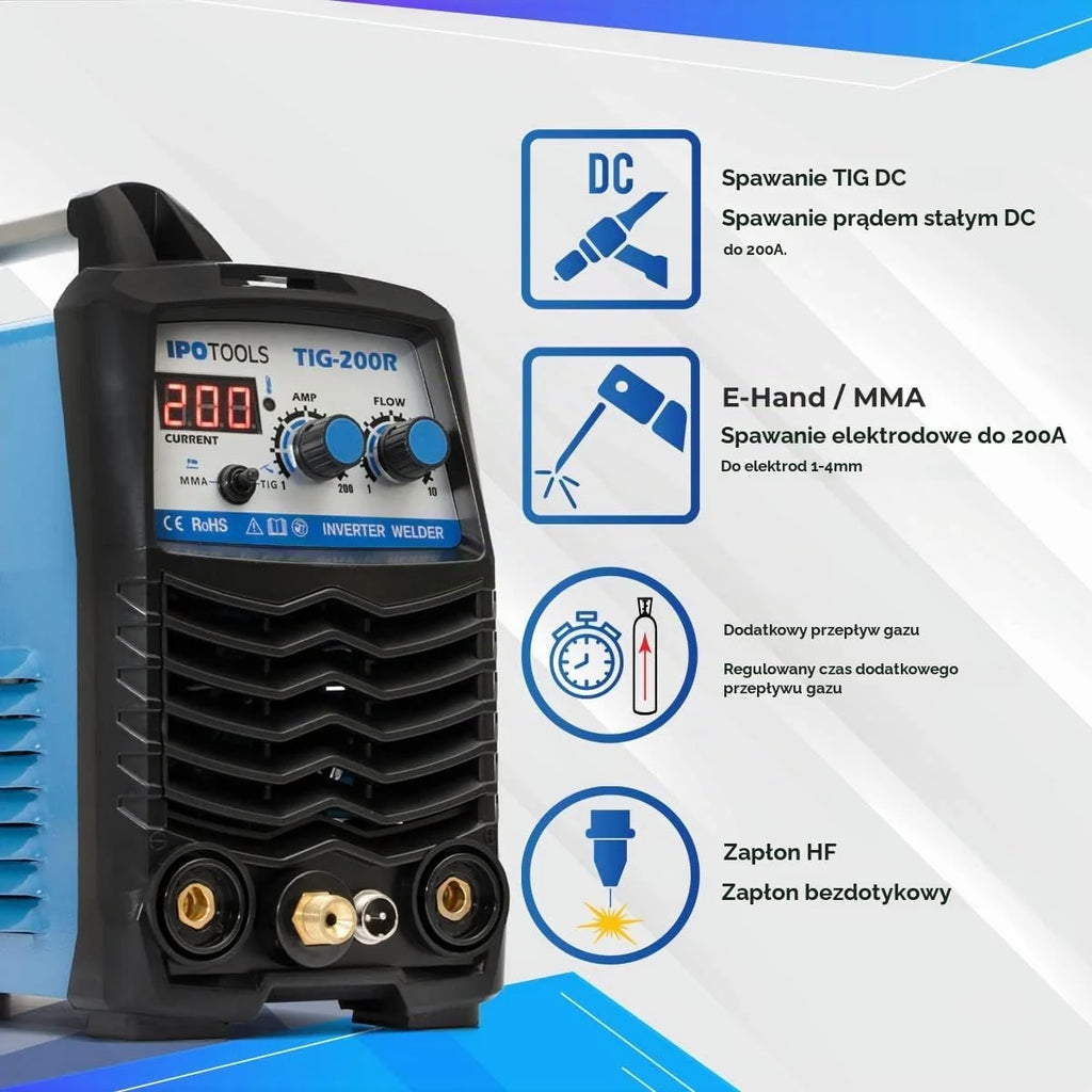 IPOTOOLS TIG-200R spawarka TIG WIG DC – spawarka TIG WIG 200 A, w pełni cyfrowa spawarka inwertorowa z cyfrowym wyświetlaczem LCD, zapłon HF, MMA E-Hand IGBT