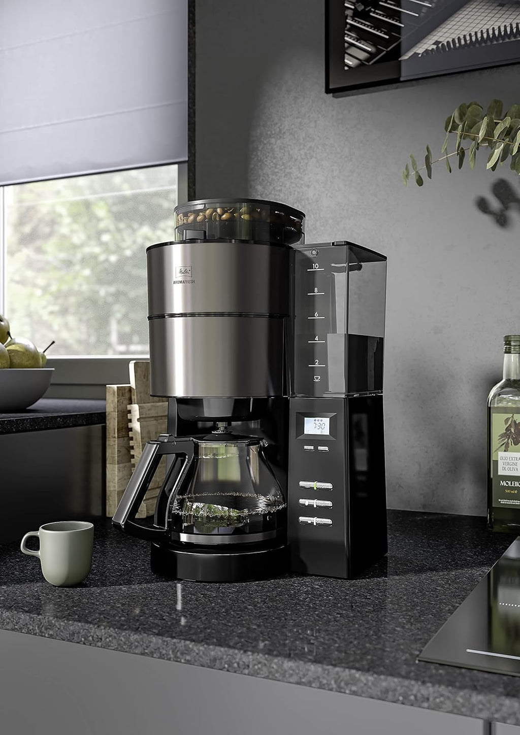 Melitta AromaFresh - Cafetera de filtro - con jarra de cristal - molinillo integrado - función de temporizador - 10 tazas - Negro puro