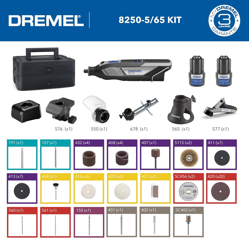 Dremel 8240 Multitool inalámbrico de 12V 2Ah, juego de herramientas multifunción con 2 baterías, 5 complementos y adaptadores, 1 caja Dremel, 65 accesorios para cortar, grabar, lijar, pulir, afilar y taladrar
