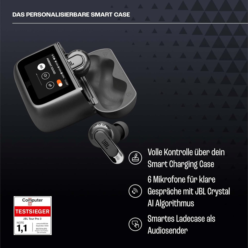JBL Tour Pro 3, auriculares True Wireless Bluetooth con estuche de carga inteligente, 40 h de duración de batería, True Adaptive Noise Cancelling 2.0 y sonido JBL Spatial 360 con seguimiento de cabeza, negro