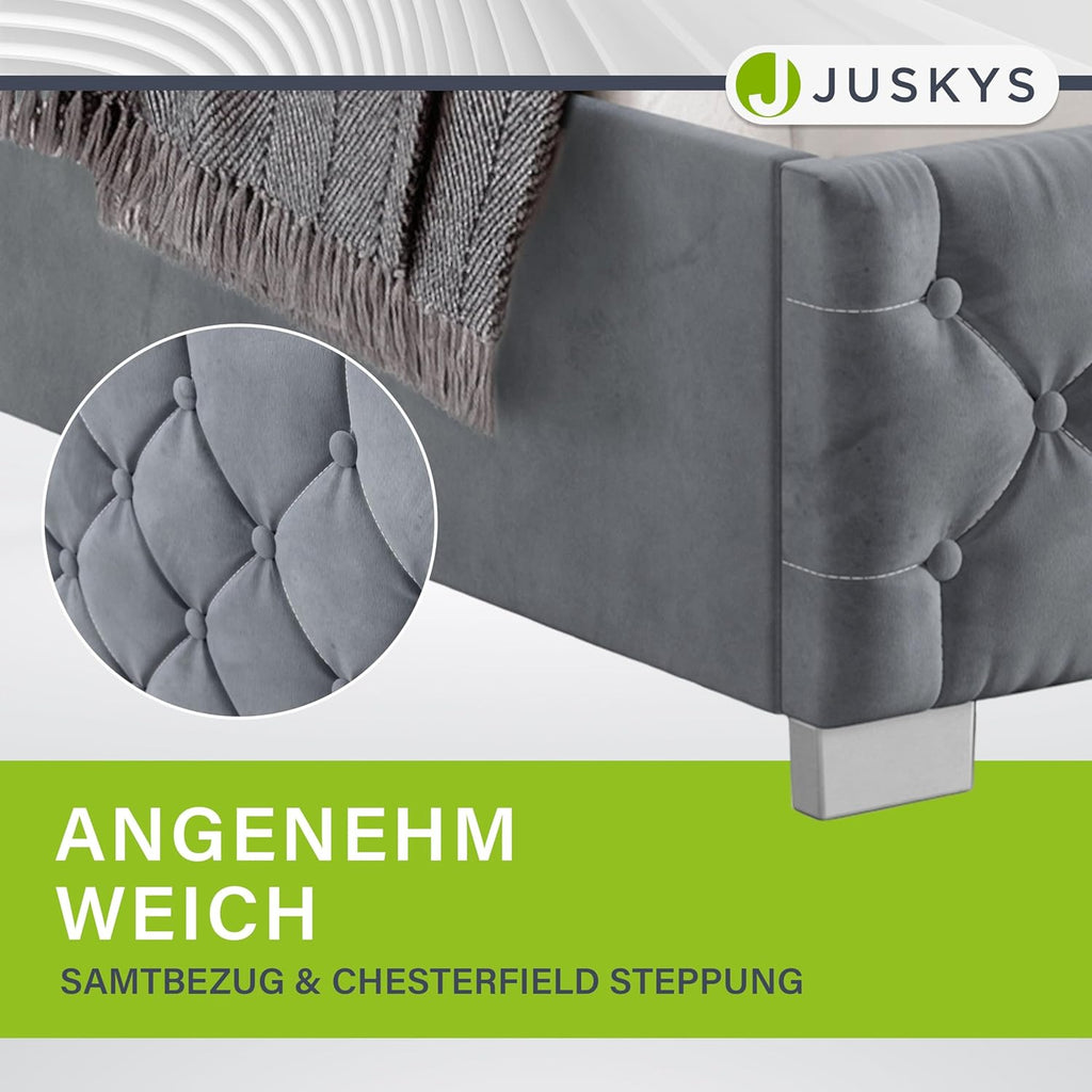 Cama tapizada Juskys Nizza 180x200 cm con colchón, estructura de cama con somier, almacenamiento y luz LED, tapizado de terciopelo, capitoné estilo Chesterfield, gris