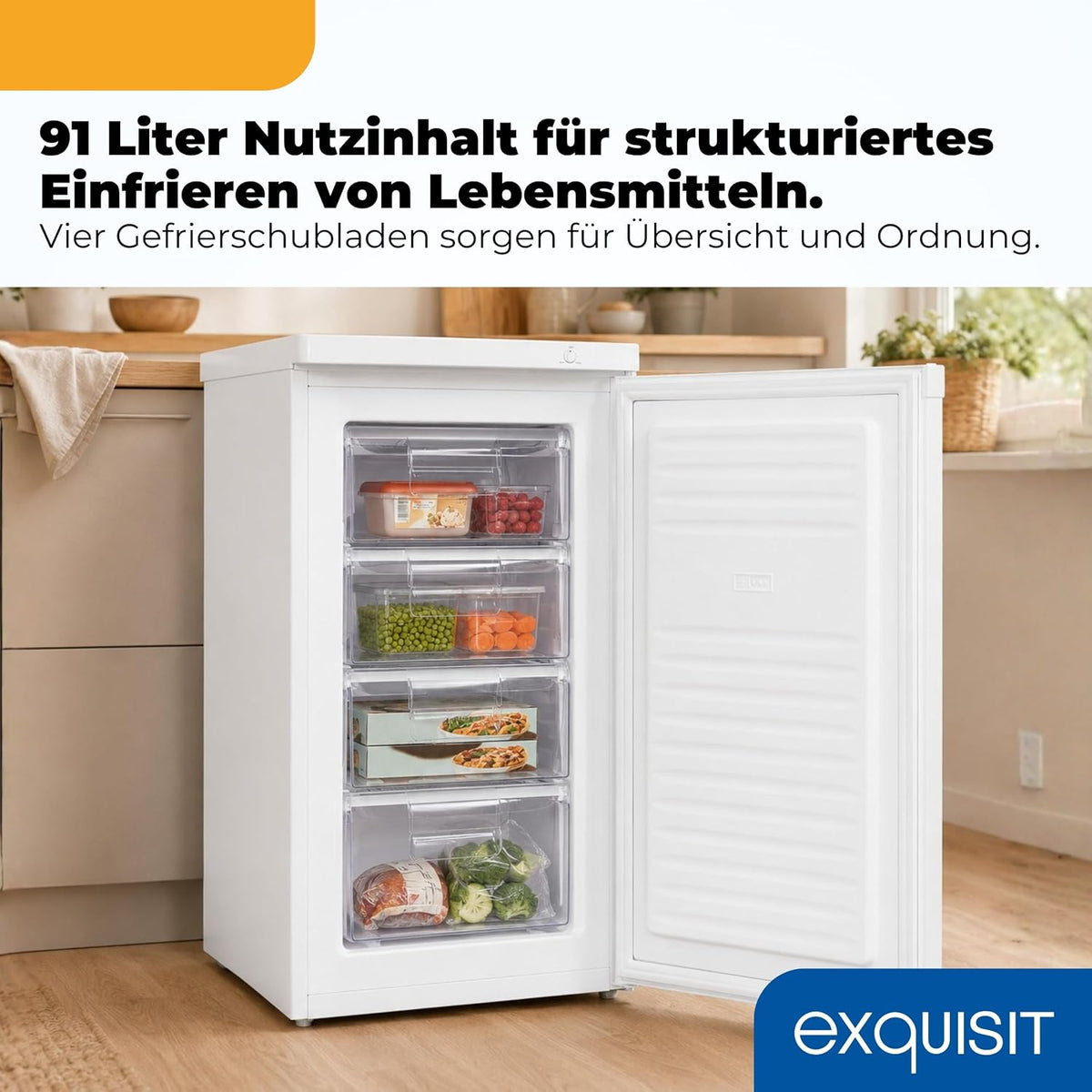 Congelador Exquisit GS512-040E - 91 l Congelador pequeño en blanco | Congelador de libre instalación con compartimento de 4 estrellas, 4 cajones, funcionamiento silencioso de 40 dB y puerta reversible para camping y cocina
