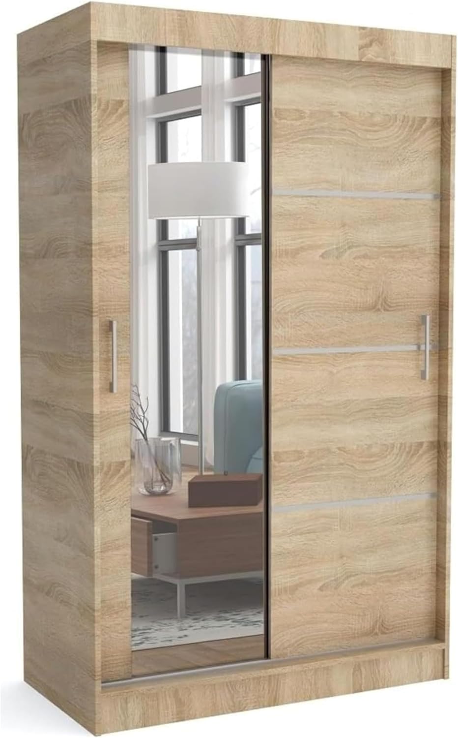 Brent - Armario con espejo, 100 cm de ancho, Windsor Tomy I Armario de dormitorio con 2 barras para ropa y estantes para ropa I Armario ropero Roble Sonoma