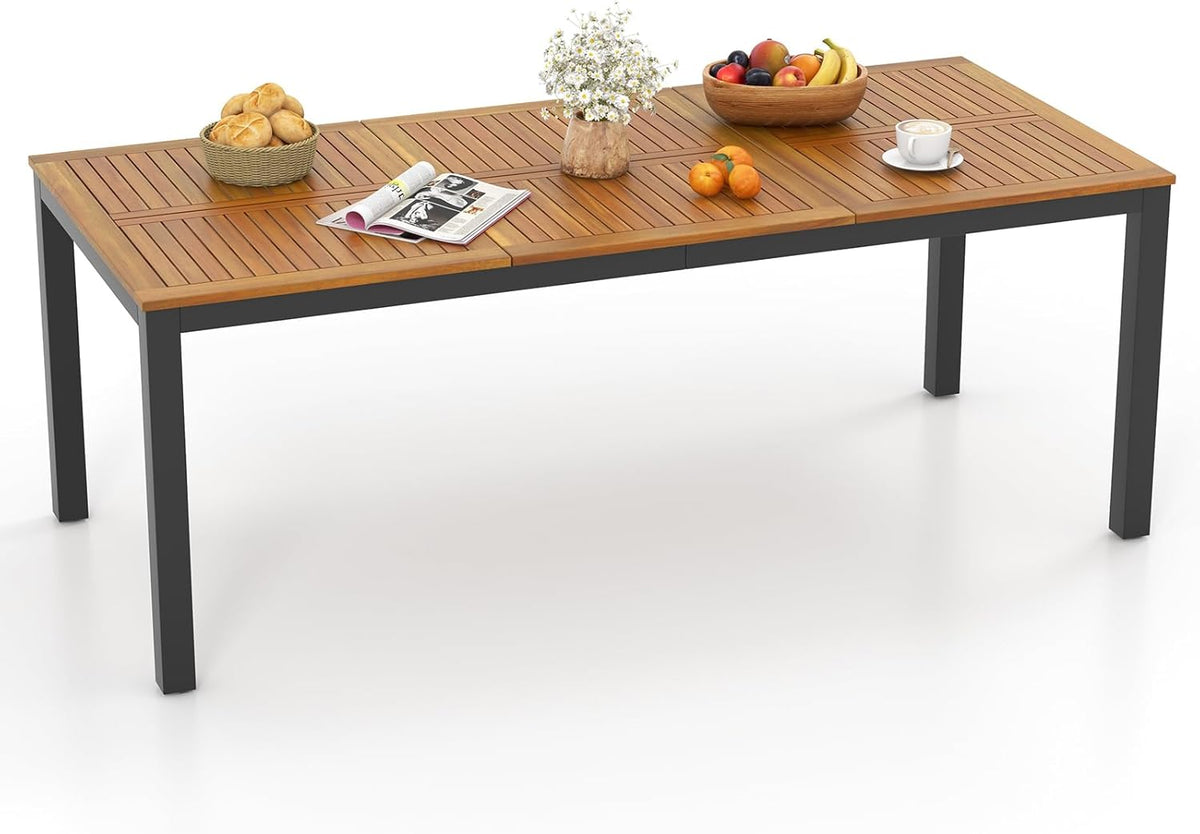 Mesa de jardín COSTWAY con orificio para sombrilla, 200x90 cm, mesa de terraza grande para 8 personas, mesa de balcón rectangular con tablero de madera de acacia, mesa de comedor al aire libre para jardín, terraza