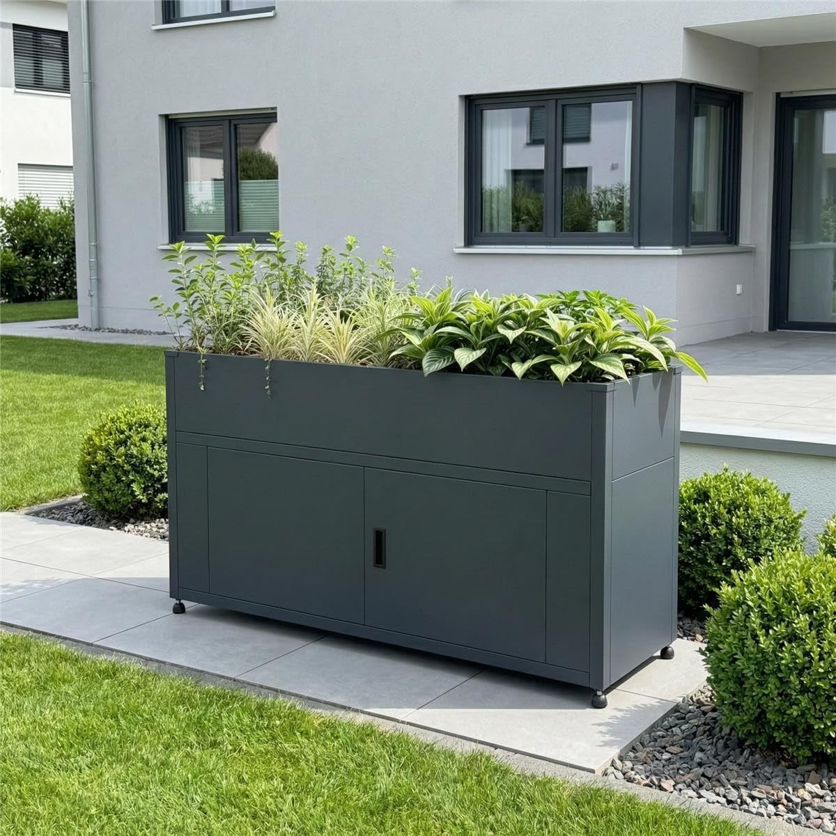 Cama elevada Metzler para jardín con espacio de almacenamiento – Acero con recubrimiento en polvo en color antracita RAL 7016 | Cama de cultivo metálica resistente a la intemperie, huerto, jardinera elevada | 160 x 85 x 50 cm