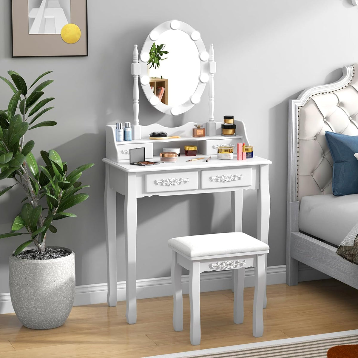 Tocador COSTWAY con iluminación LED, brillo  ajustable, mesa de maquillaje con 4 cajones, taburete y espejo giratorio de 360°, mesa de cosméticos para dormitorio (blanco)