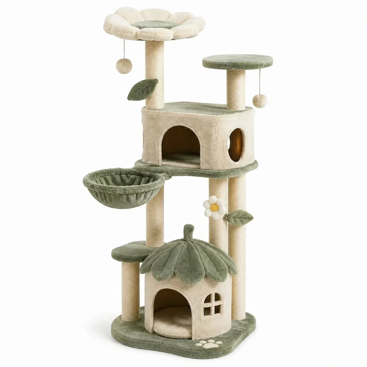 Árbol para gatos con 2 cuevas, hamaca y plataformas, 60 × 50 × 160 cm, beige/verde salvia