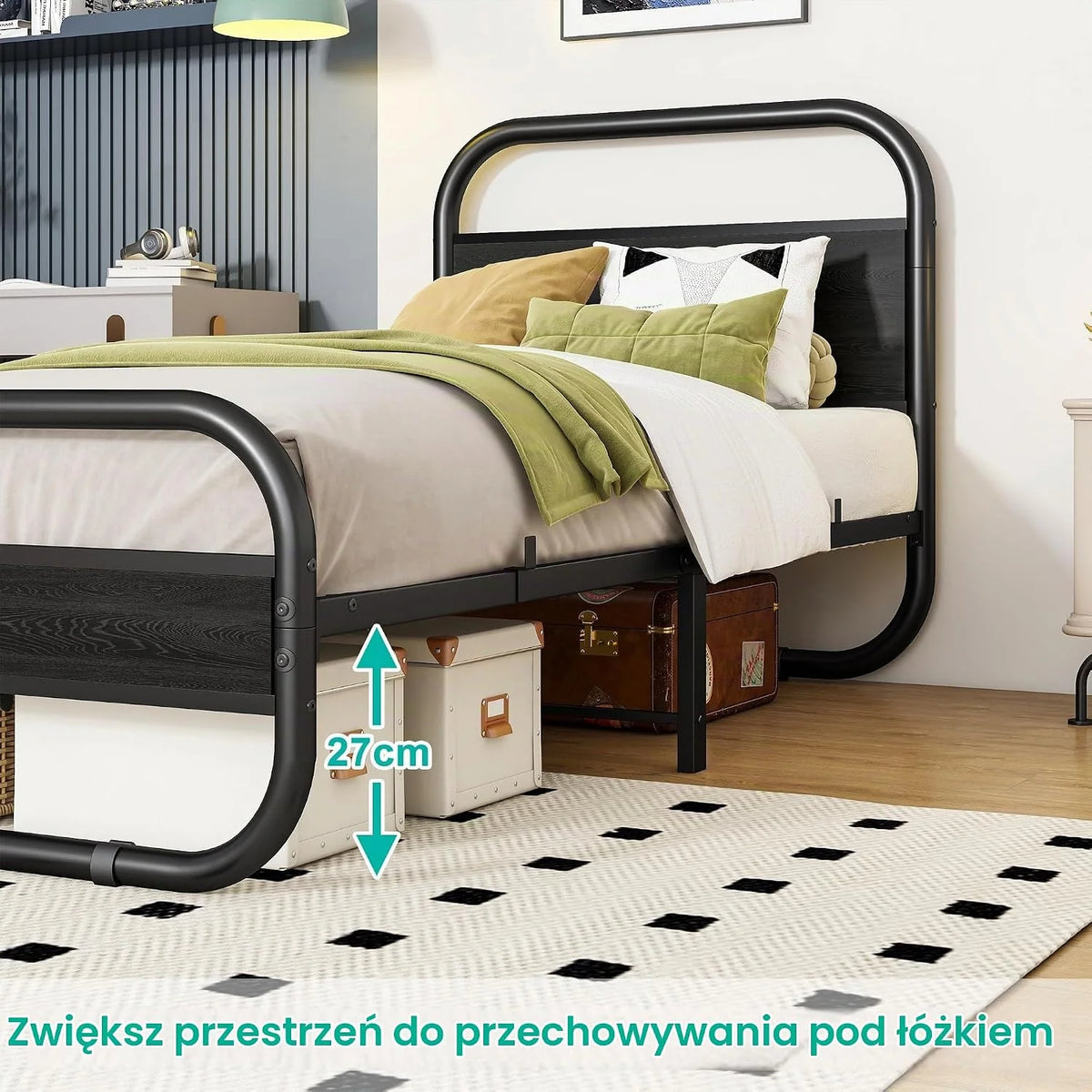 HOMERECOMMEND Rama łóżka pojedynczego z metalu w kolorze czarnym 90 x 200 cm