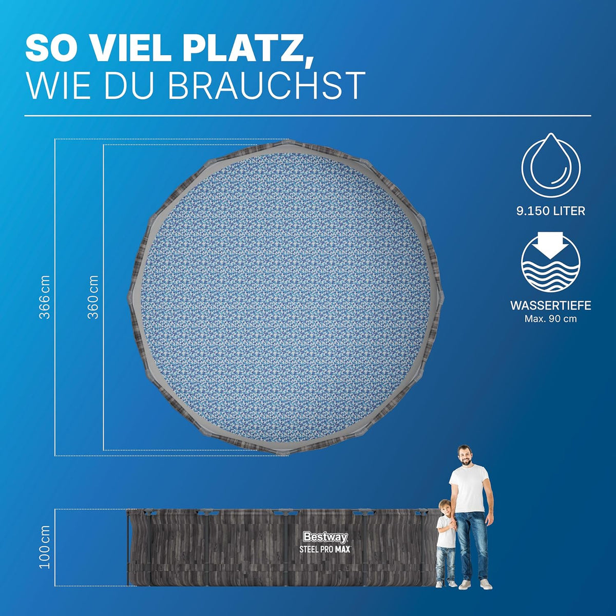 Piscina desmontable redonda Bestway 366x100 cm, set con bomba de filtrado, aspecto madera | 9.150 L, material TriTech de 3 capas, fondo con aspecto de mosaico de guijarros, incluye bomba de filtrado y escalera