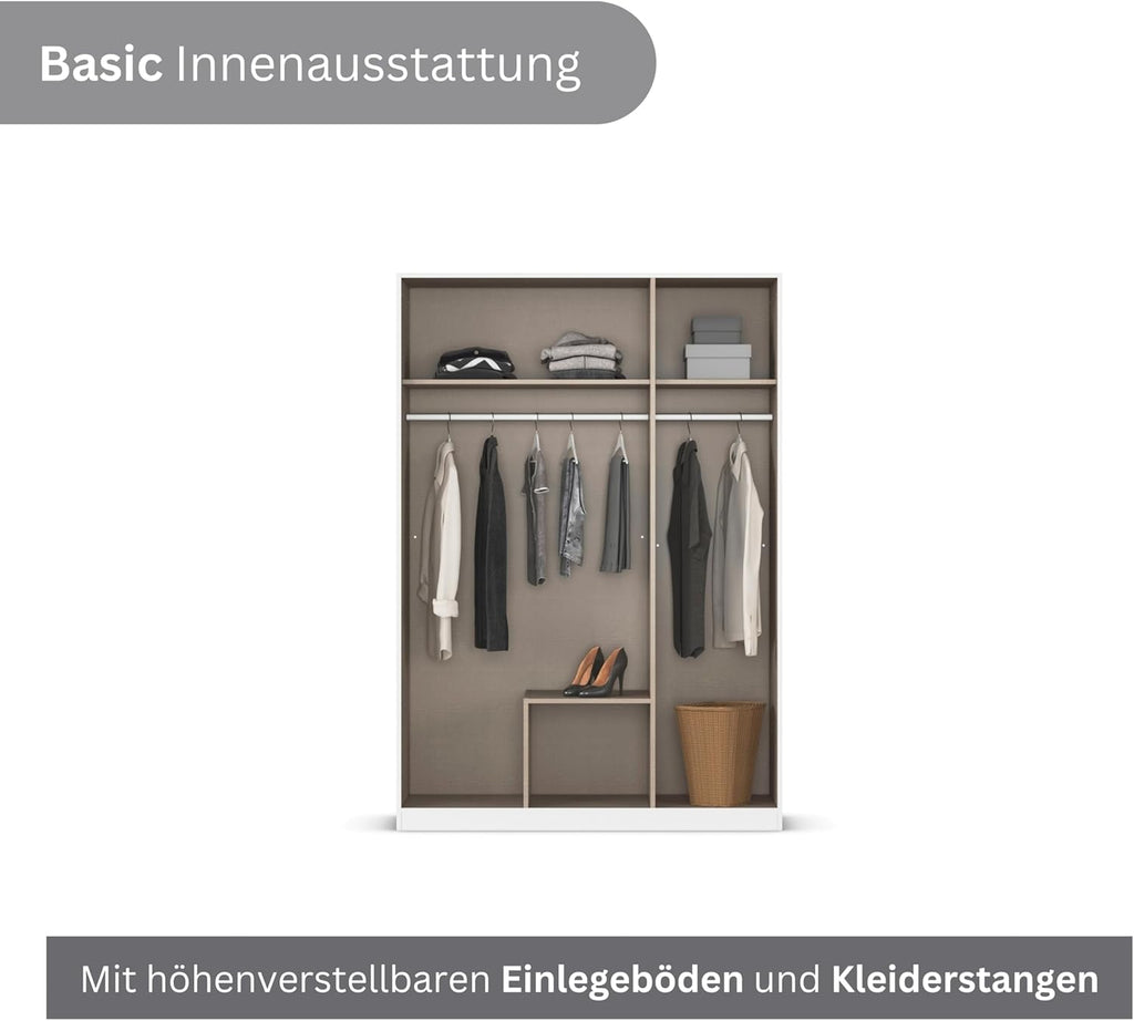 Rauch Möbel Lagoa, armario, ropero para dormitorio, habitación infantil, habitación juvenil, 3 puertas con espejo, 2 cajones, con accesorios básicos, color blanco, ancho 136 cm