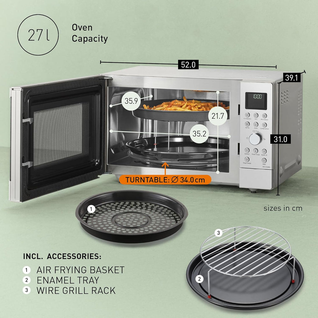 Microondas combinado 4 en 1 Panasonic NN-CD58RSEPG de 27 l con modo Airfryer y bandeja para hornear, inversor de 1000 W, grill de 1300 W, convección, 19 programas automáticos, acero inoxidable