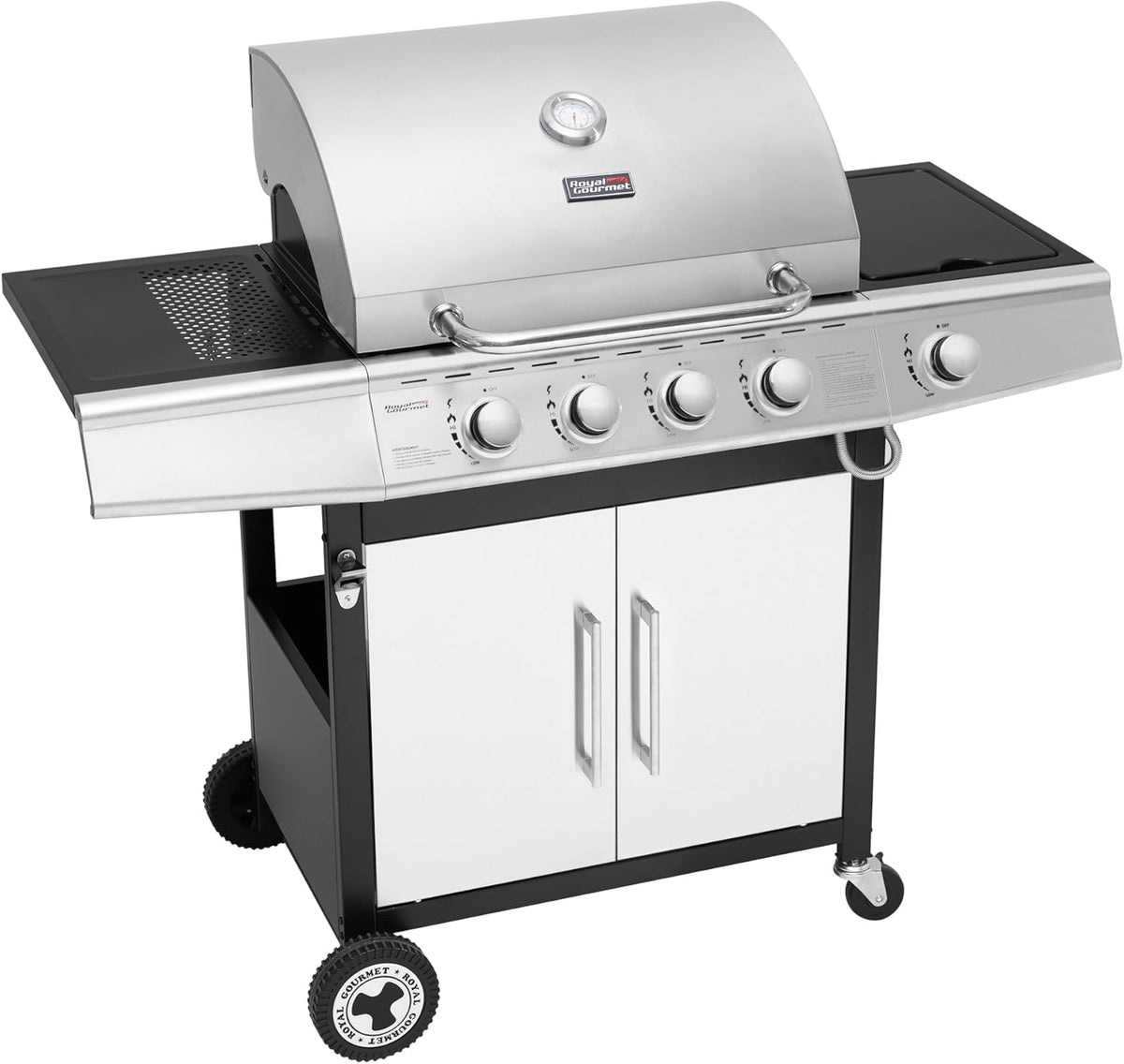 Barbacoa de Gas Royal Gourmet de 4+1 Quemadores de Acero Inoxidable, Parrilla de Gas de 14,5 kW de Potencia con Mesas y Termómetro, 2 Ruedas Direccionales, 2 Puertas, Adecuada para Jardín y Exterior, Plata