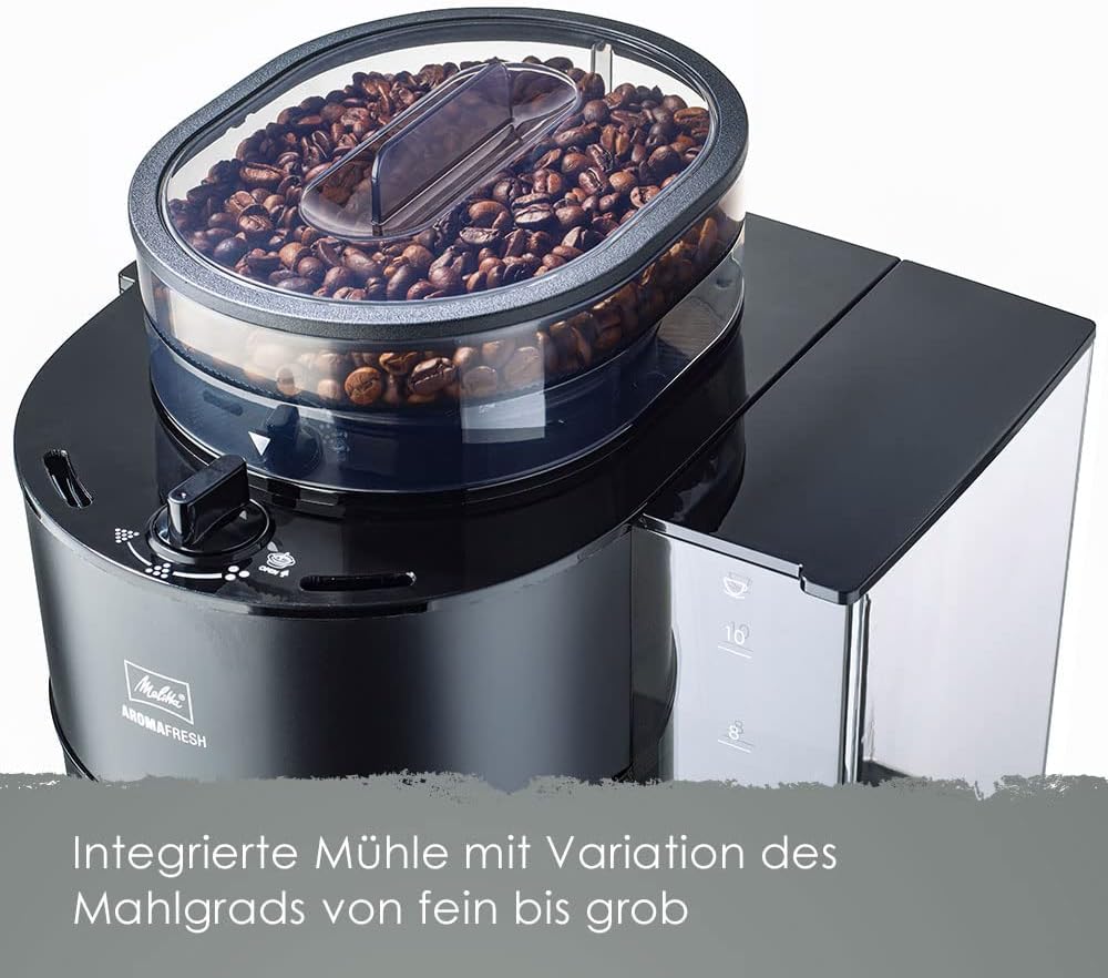 Melitta AromaFresh - Cafetera de filtro - con jarra de cristal - molinillo integrado - función de temporizador - 10 tazas - Negro puro