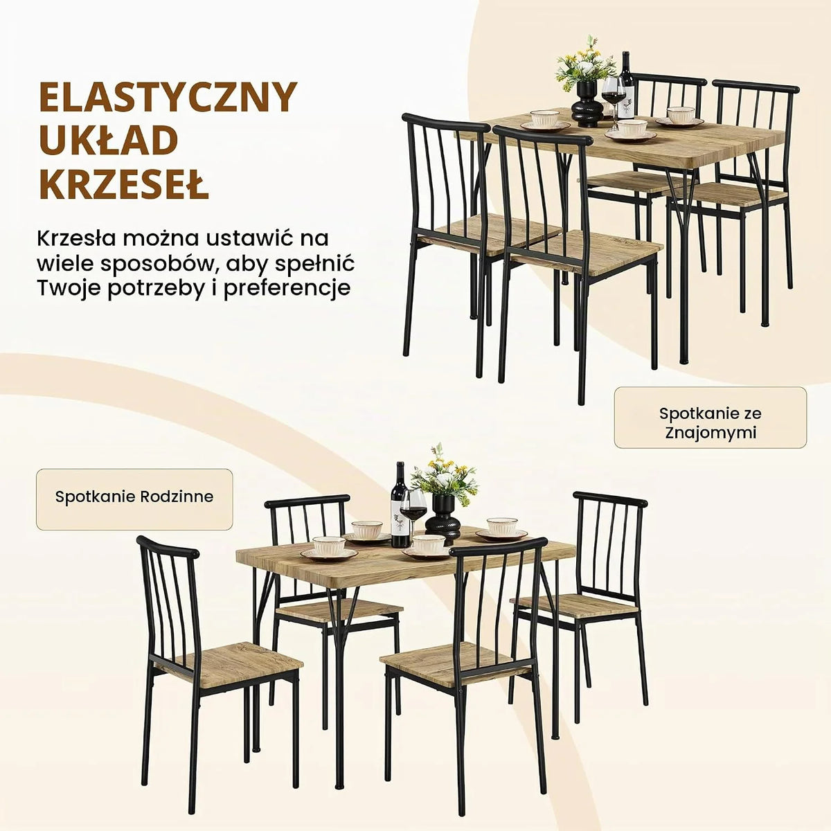 Yaheetech Zestaw do jadalni, stół do jadalni z 4 krzesłami, zestaw do jadalni, prostokątny, zestaw stołowy dla 4 osób, zestaw mebli kuchennych do jadalni, salonu, na taras, brązowy