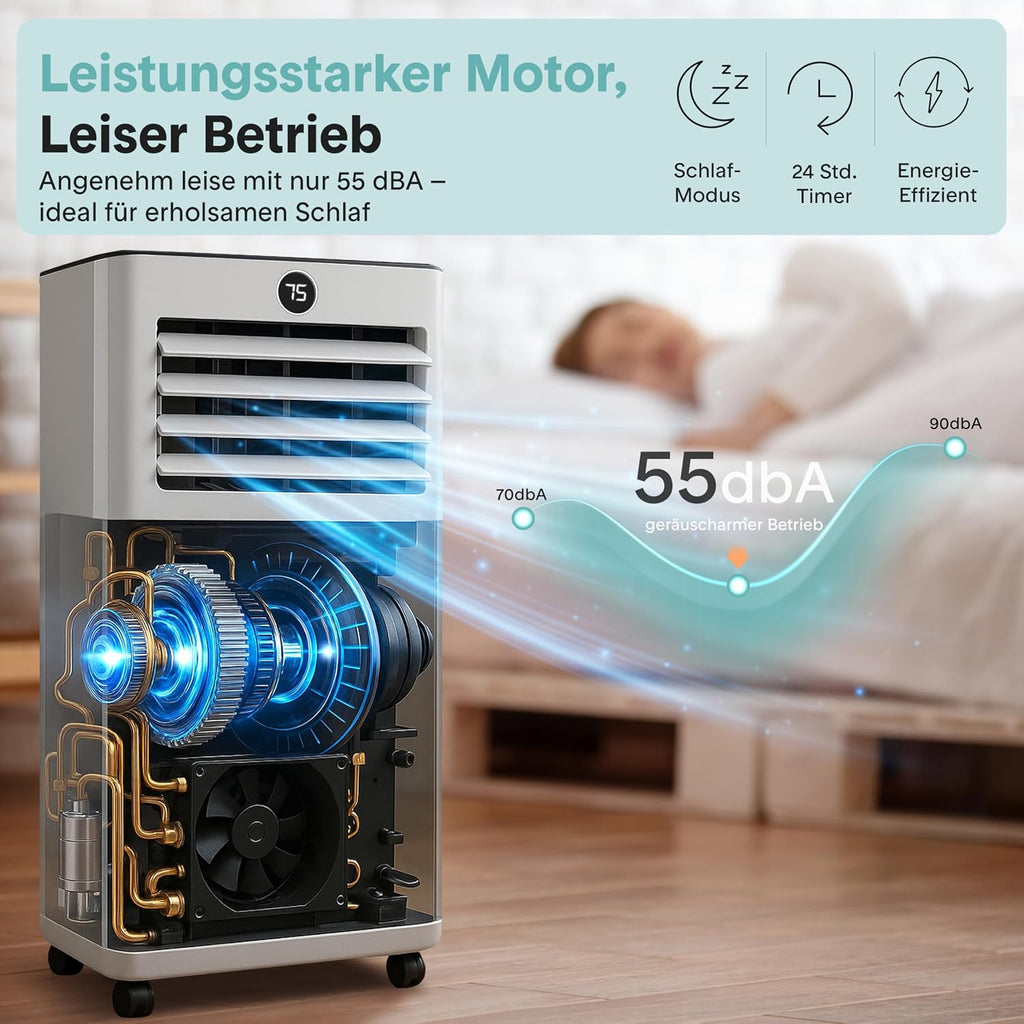 SereneLife Mobile Klimaanlage 9000BTU mit Abluftschlauch, 4-in-1 Klimagerät mit WLAN, Kühlen, Heizen Ventilator und Entfeuchter, bis 31 m², 24h Timer, 55dB, Inkl. Fensterkit, für Zuhause, Büro