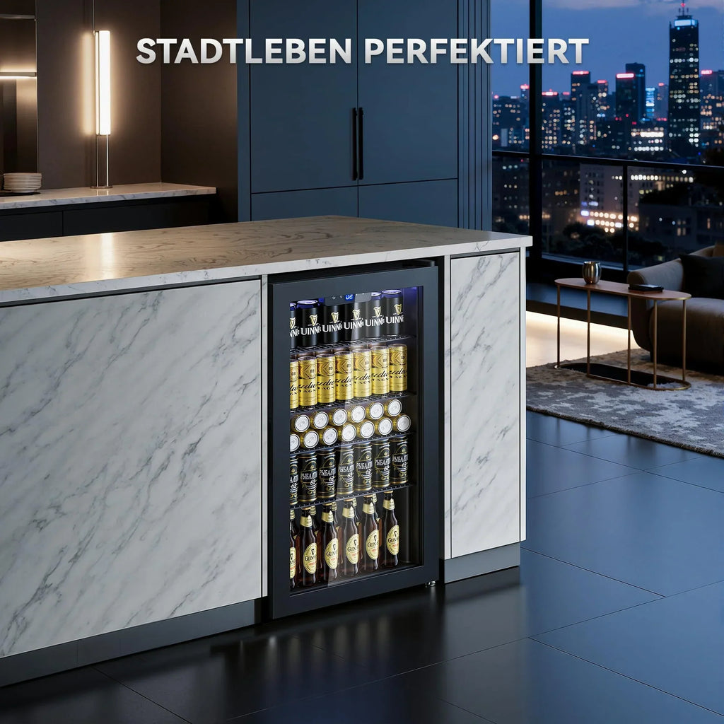 Refrigerador de bebidas YC-86 de 86 litros con 4 estantes, frente de cristal, iluminación LED y control digital de temperatura