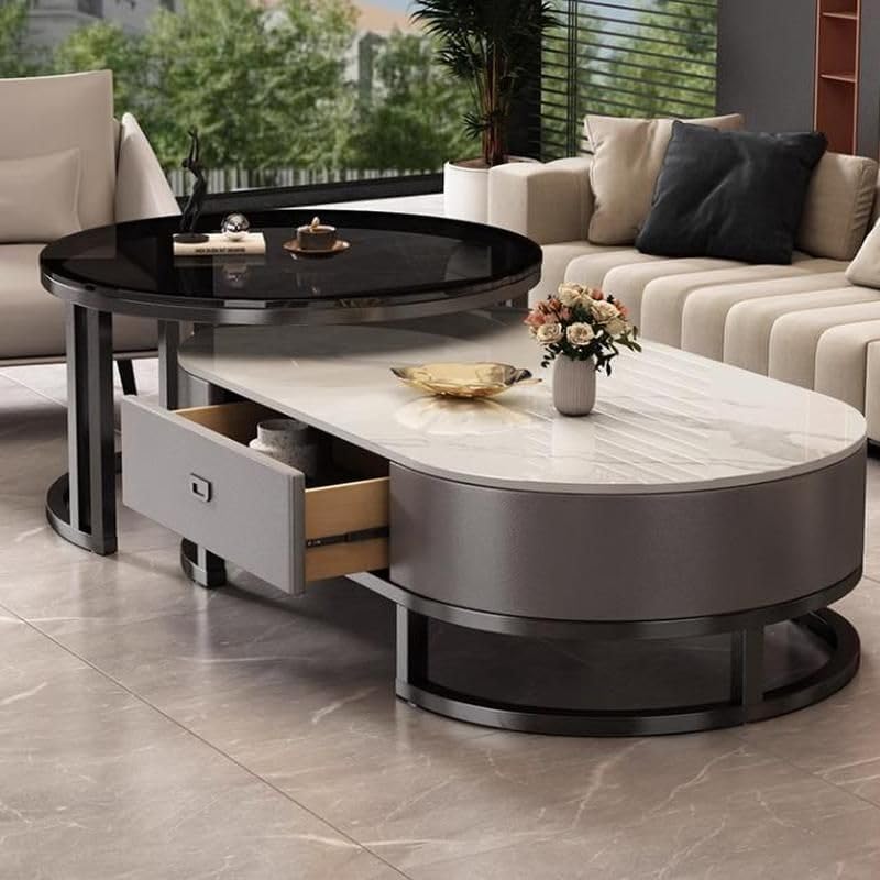 Mesa de centro ovalada de piedra, juego de 2, mesa de salón con cajón, mesa auxiliar de cristal, negro/gris – Gris, (99,9 cm L x 49,9 cm An x 40,6 cm Al) + (69,9 cm L x 69,9 cm An x 45,7 cm Al)