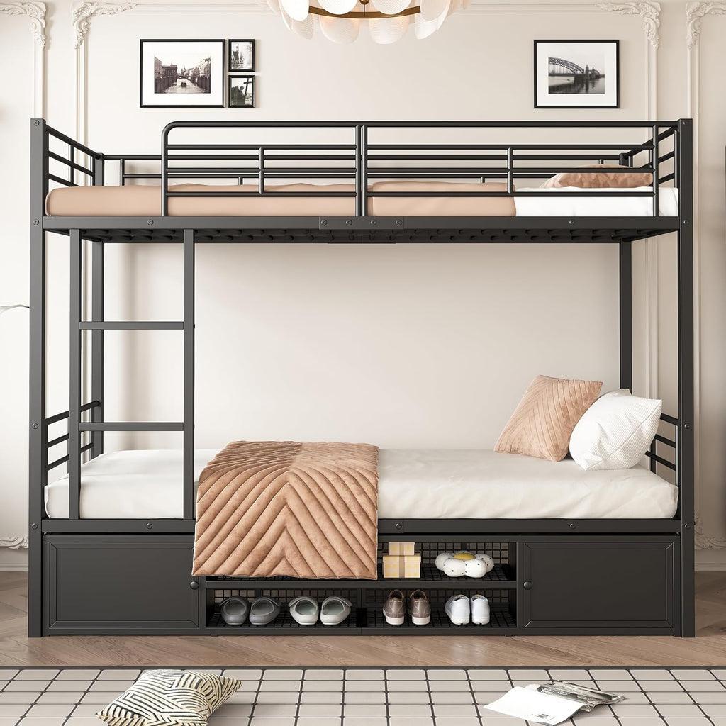 Litera cama infantil 90x200 cm, estructura de cama de metal con zapatero abierto y 2 armarios de almacenamiento con puertas, litera cama alta cama de hierro para niños, adolescentes y adultos, negro