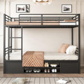 Litera cama infantil 90x200 cm, estructura de cama de metal con zapatero abierto y 2 armarios de almacenamiento con puertas, litera cama alta cama de hierro para niños, adolescentes y adultos, negro