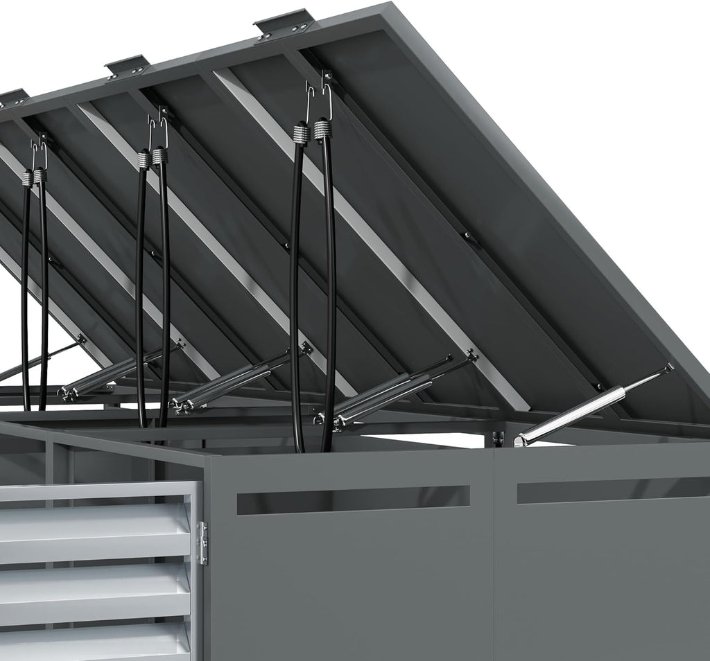 Cubo para 4 contenedores de basura de hasta 240 L con tapa abatible, ventilación con lamas, compartimentos de almacenamiento de basura, cerradura, dos puertas, caseta para jardín, revestimiento para cubos de basura, 4 contenedores