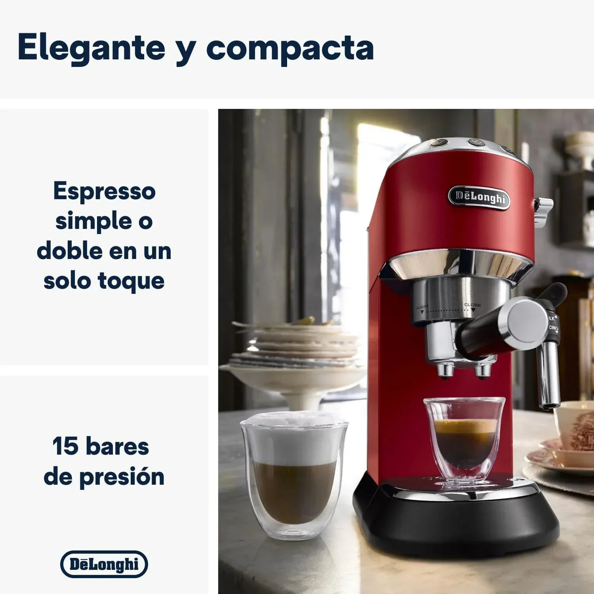 De'Longhi Dedica – Cafetera de bomba de acero inoxidable para café molido o monodosis, espresso y capuchino, depósito de 1,3 litros, sistema antigoteo, modelo EC685.M, color metal