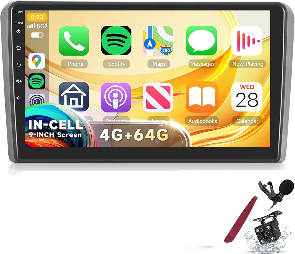 Radio de coche Android 4G 64G PLKEQS para A-UDI A3 2003-2012/S3 2006-2012/RS3 2011-2012, pantalla in-Cell de 9'', estéreo de coche con CarPlay, Android Auto, GPS, Bluetooth, FM RDS, EQ, Wi-Fi, cámara, Y1