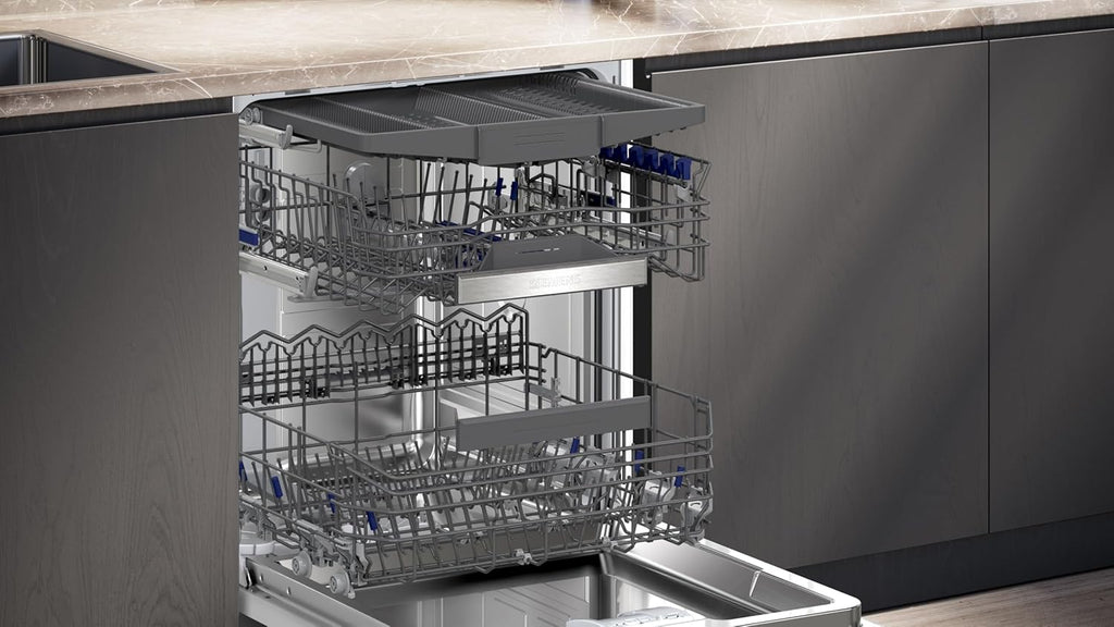 Lavavajillas totalmente integrable Siemens SN95EX22CE iQ500, 60 cm, fabricado en Alemania, bisagra vario para situaciones de instalación flexibles, varioSpeed Plus, autoOpen dry, Rackmatic, zona intensiva, silencioso