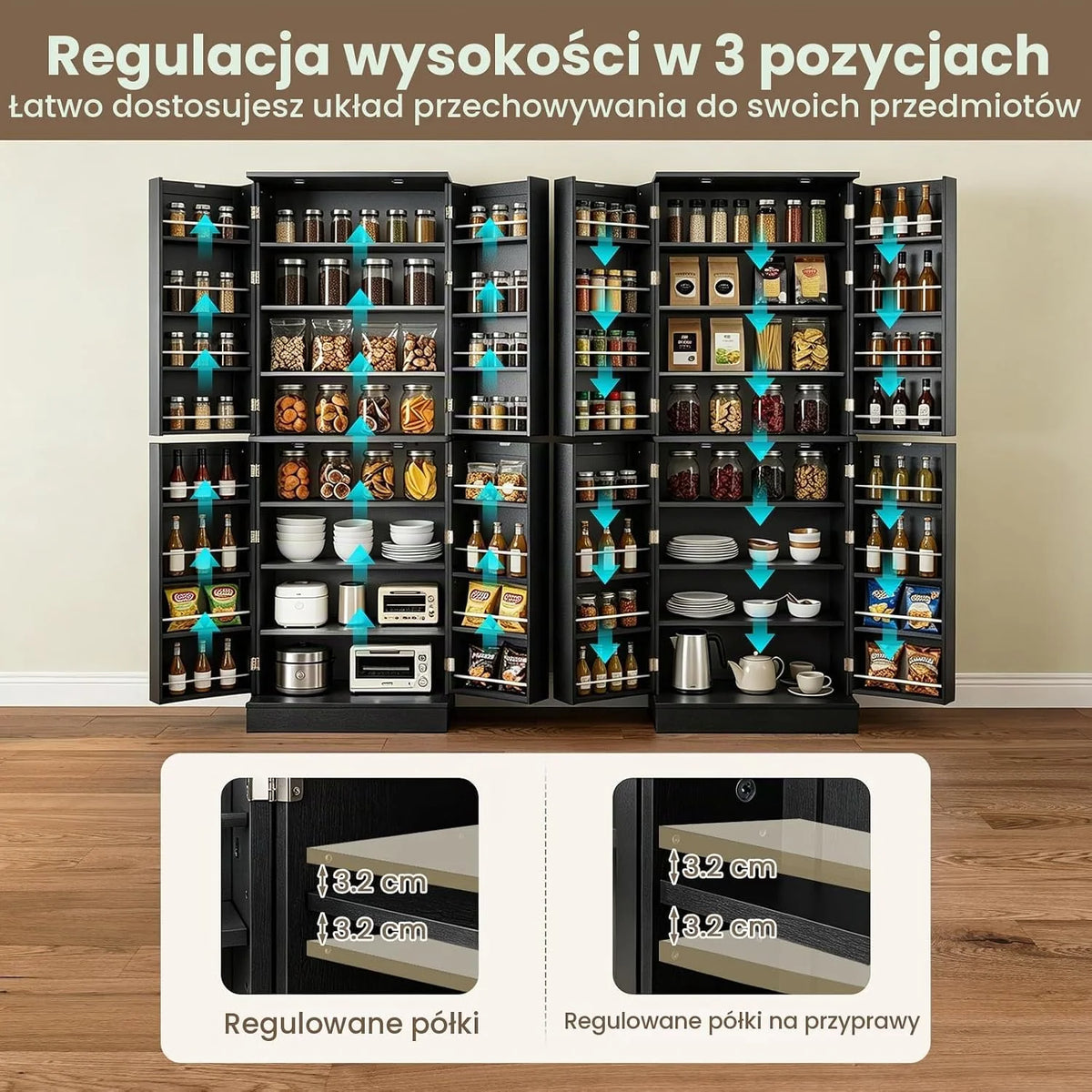 COSTWAY Szafka kuchenna wysoka, szafka na zapasy 170 cm (czarna)