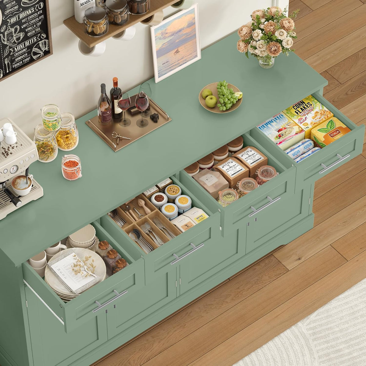 Aparador HOCSOK, armario de cocina de 150 cm de ancho con encimera, cómoda de cocina con 4 puertas y 4 cajones, aparador de cocina, mueble buffet con tiradores para salón, cocina y comedor