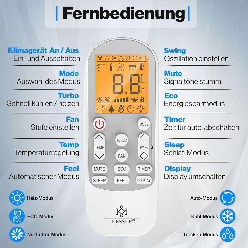 KESSER® Set de aire acondicionado Split - con función WiFi/App - Refrigeración A++/ Calefacción A+ - 9000 BTU/h (2600 vatios) Refrigerante R32 - Mando a distancia, función de temporizador - Incluye material de montaje completo